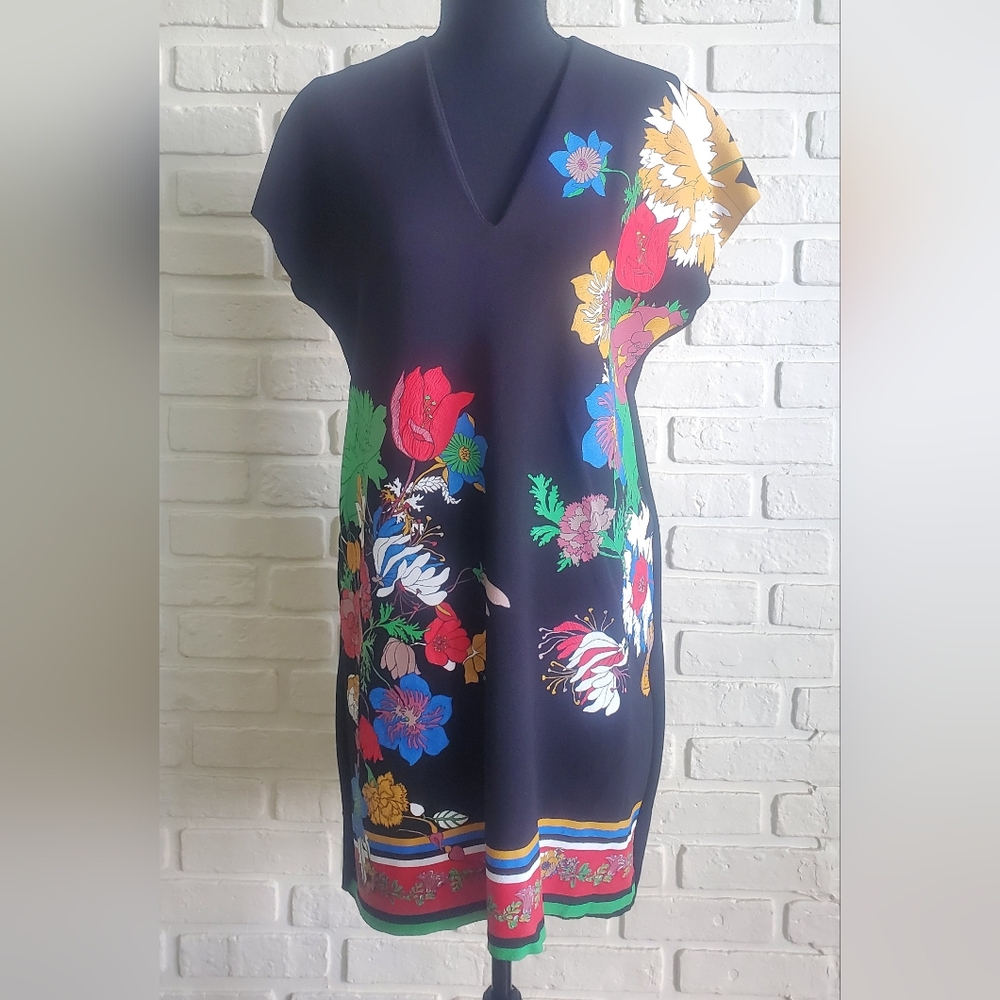 Zara Bold Floral Printed Tunic Dress Boho Cap Sleeves - Picture 2 of 14